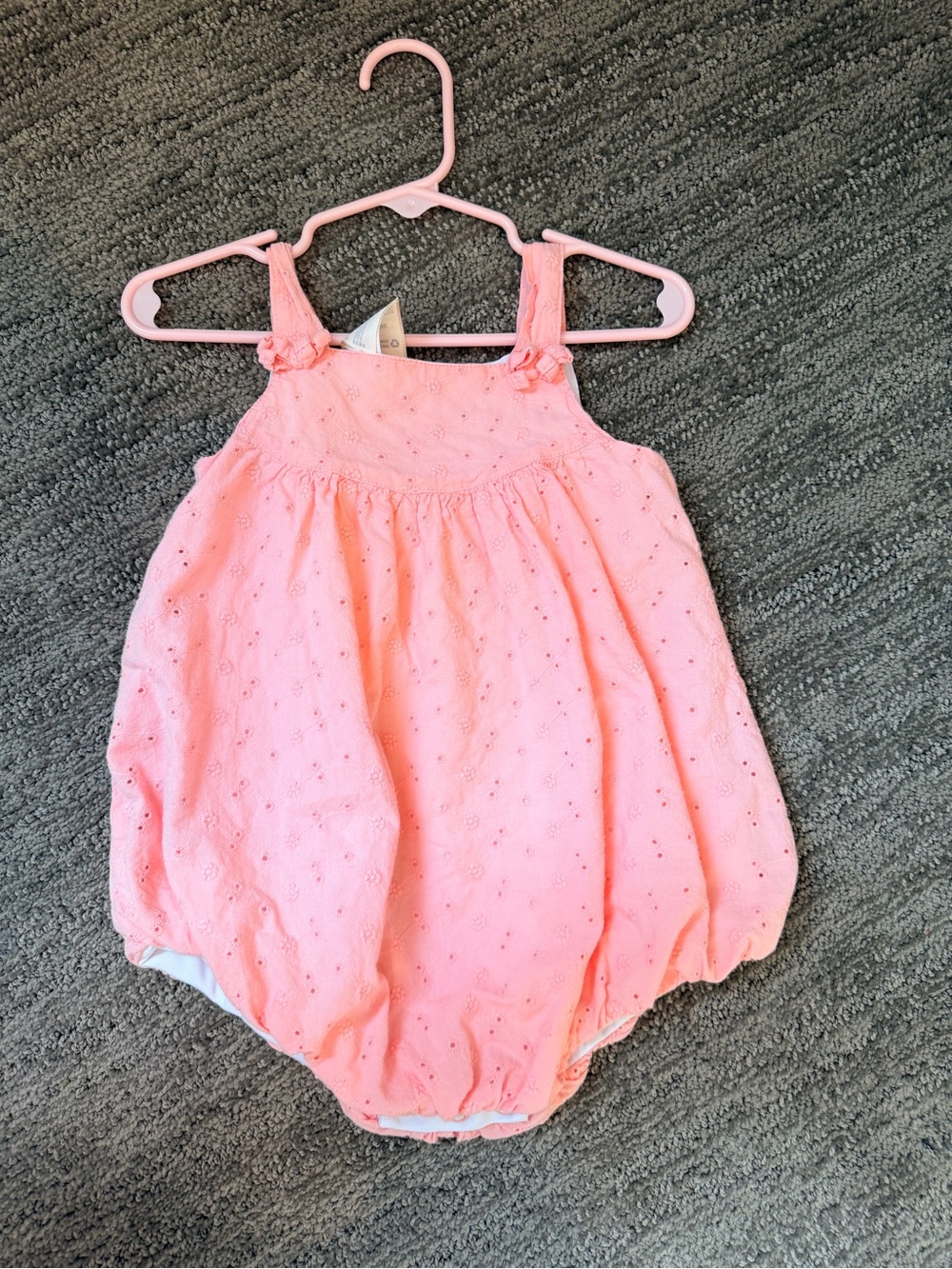 First Impressions Eyelet Summer Baby Girl romper bubble. Peach